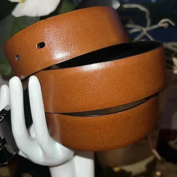 Perry Ellis Men’s Black Brown Reversible Leather Belt Gun Metal Square Buckle - Picture 5 of 16